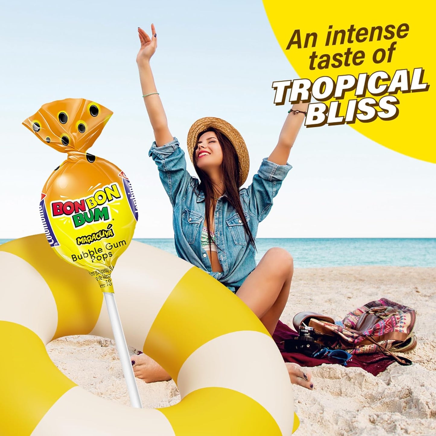 Colombina Bon Bon Bum Lollipops – Tropical Hard Candy with Chewy Gum Center for Kids Lunchboxes and After-School Snacks