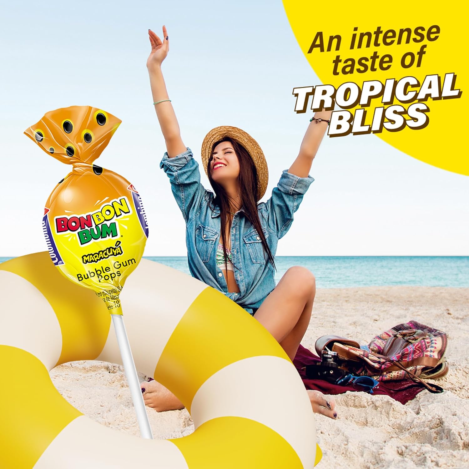 Colombina Bon Bon Bum Lollipops – Tropical Hard Candy with Chewy Gum Center for Kids Lunchboxes and After-School Snacks