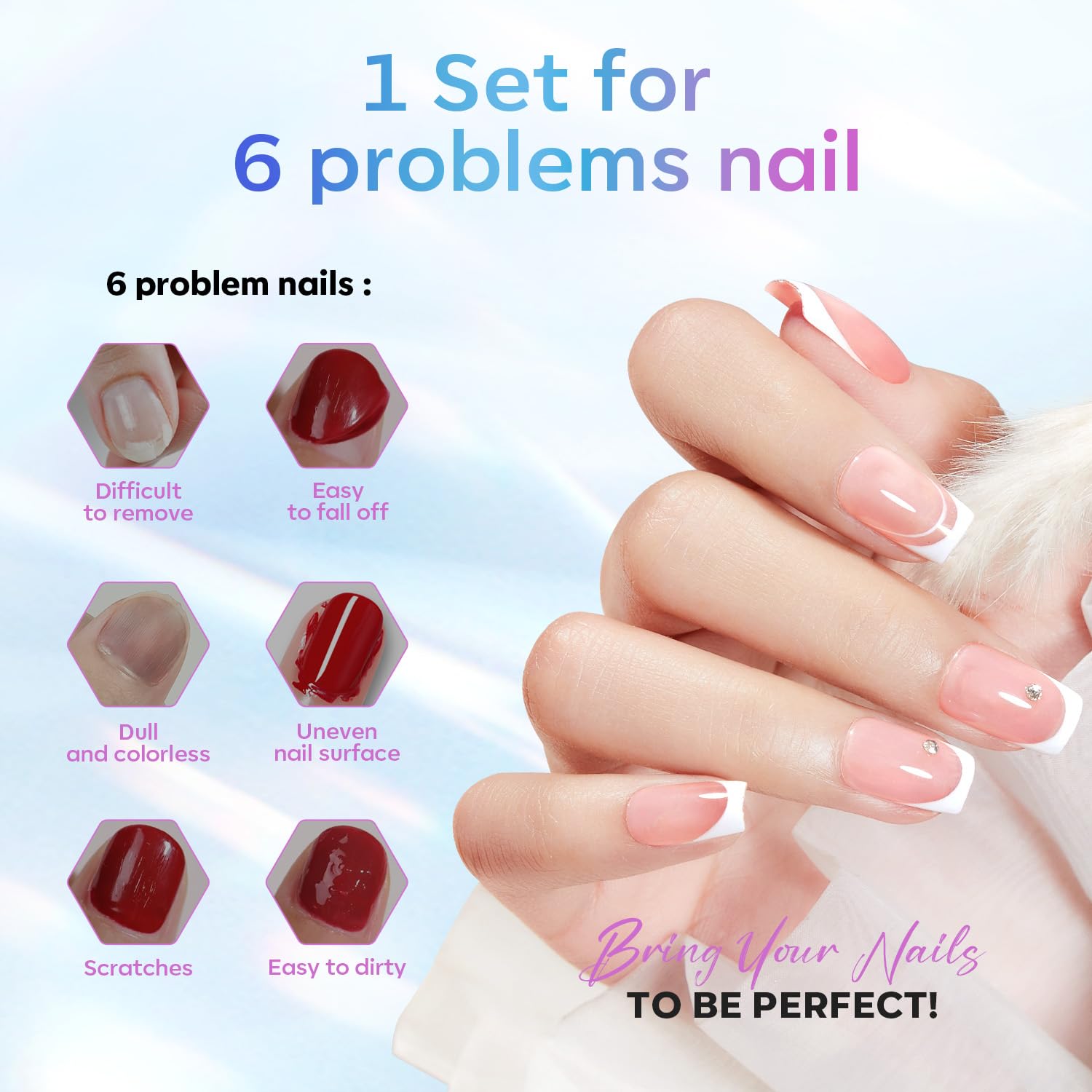 color and finish variety across rubber bases (clear, milky white, pink, nude, nude pink, jelly pink, white, glitters) and press-ons (clear, half matte, full matte)