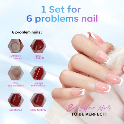 color and finish variety across rubber bases (clear, milky white, pink, nude, nude pink, jelly pink, white, glitters) and press-ons (clear, half matte, full matte)