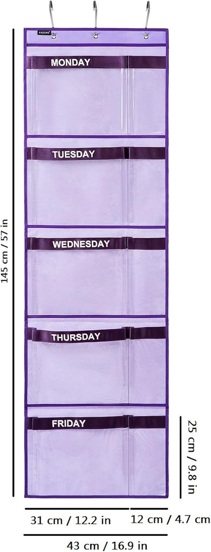 compact 57"h x 16.5"w hanging footprint with 10 lb total capacity; available in purple and grey