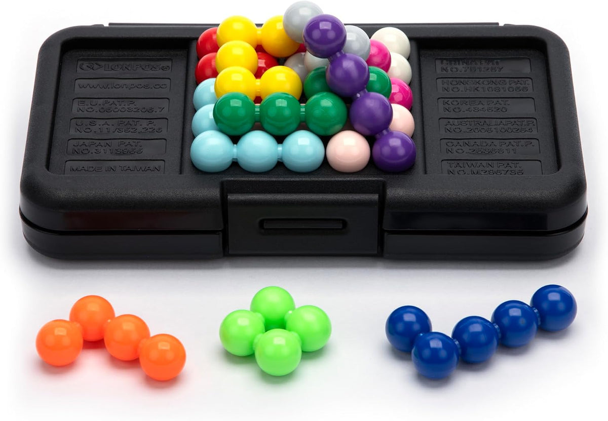 compact carrying case (approx. 5.75 x 3.25 x 0.75 inches, 3.2 oz) that doubles as the play surface