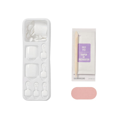 complete 24-nail kit with prep pad, mini nail file, and pedicure stick