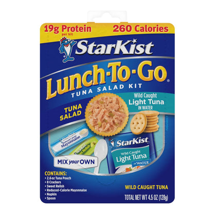 complete kit: 2.6 oz chunk light or albacore tuna pouch, mayo packet, relish packet, mixing spoon, 8 butter crackers, and napkin