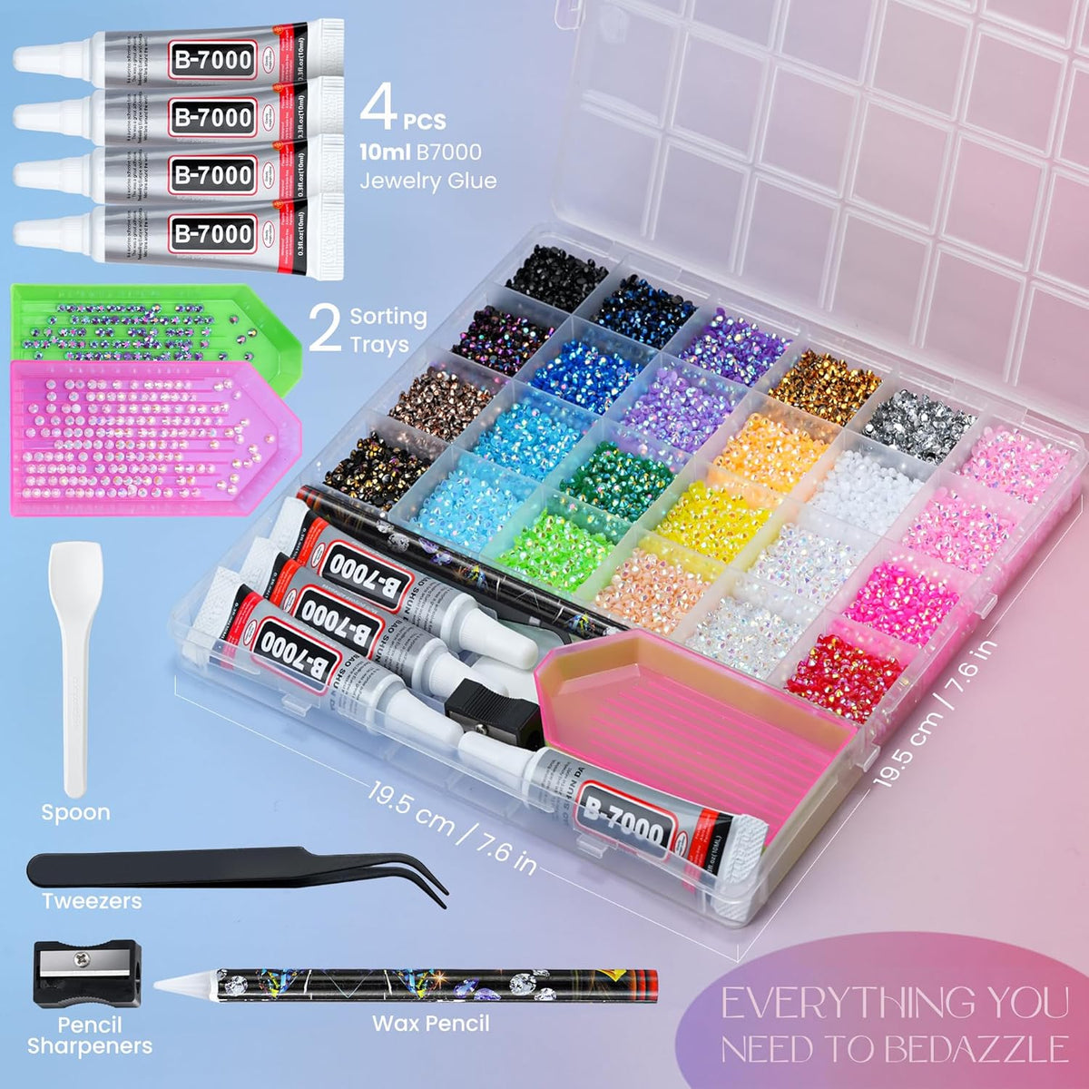 complete tool set: wax pencil, sharpener, tweezers, 2 sorting trays, and spoon