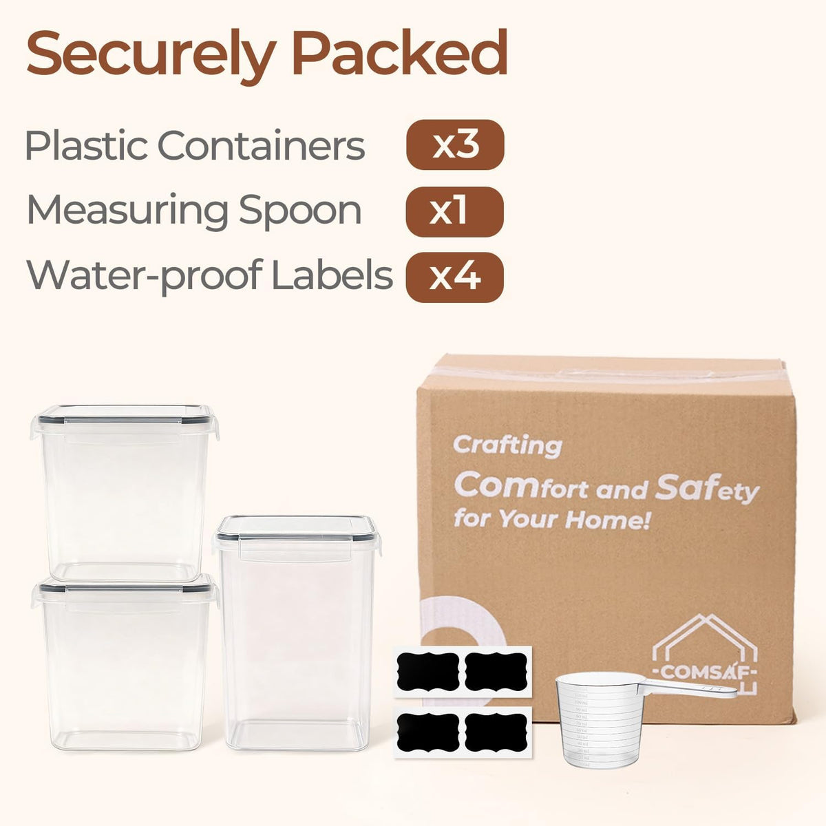 ComSaf Food Grade Polypropylene Airtight Pantry Bin Free of Moisture and Pests, 2.6Qt 5.5Qt 3 Pack Clear