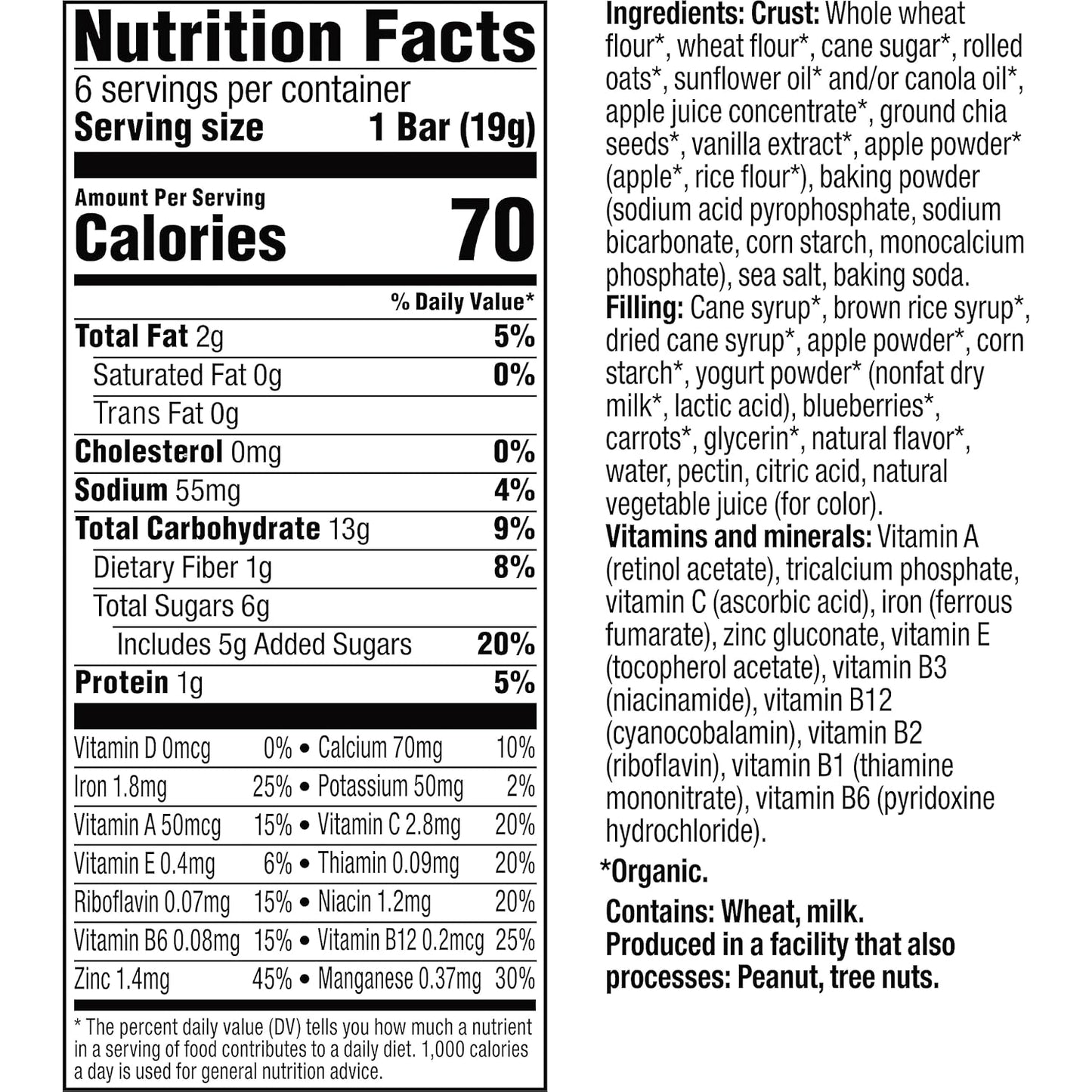 contains whole grains, organic fruits, and organic vegetables