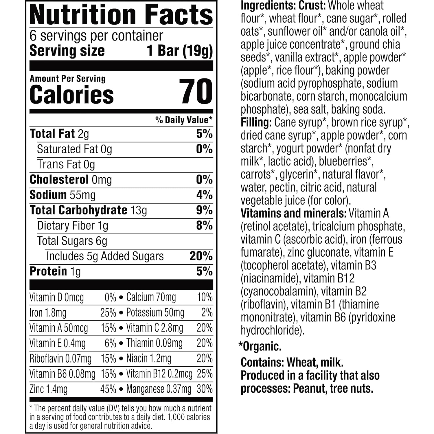contains whole grains, organic fruits, and organic vegetables