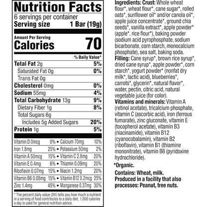 contains whole grains, organic fruits, and organic vegetables