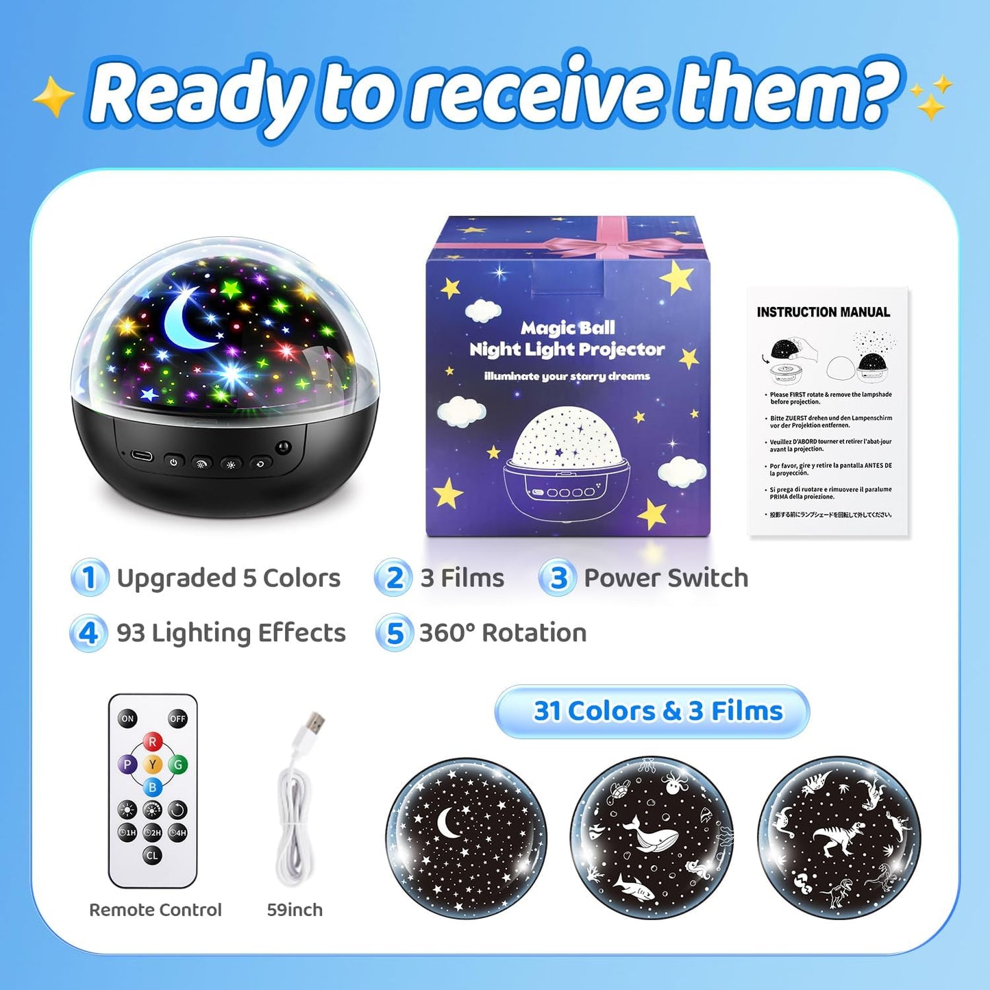 COOLNIGHT Star Projector Night Light for Boys – Child-Safe LED Nursery Lamp with Remote and Timer