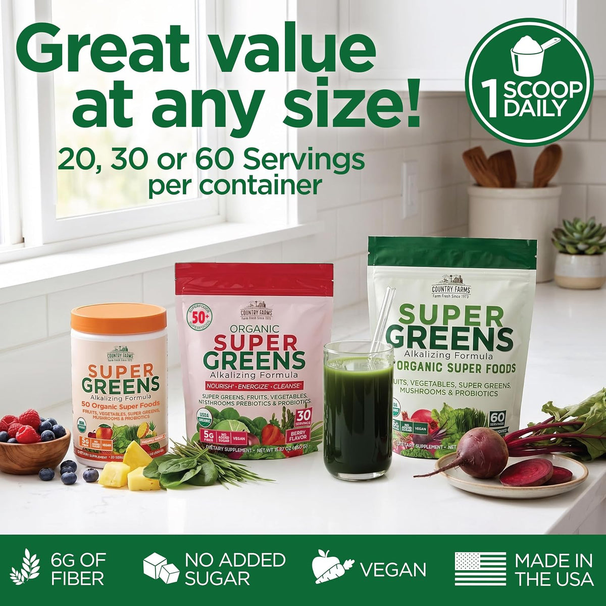 Country Farms Organic Super Greens Powder – Plant-Based Wellness Blend for Nourishing Self-Care Rituals, Fiber and Probiotic Support