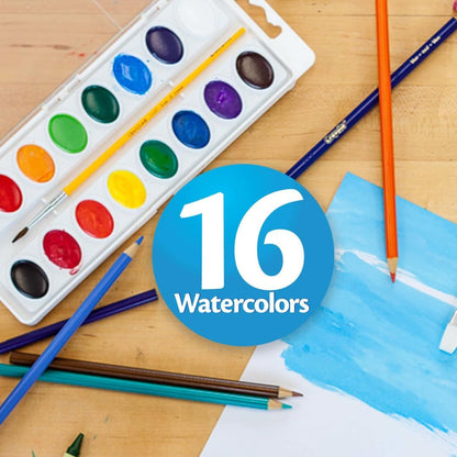 Crayola Children's Watercolor Set – 16 Semi-Moist Paints and Brush for Home Art Table, Ages 4+