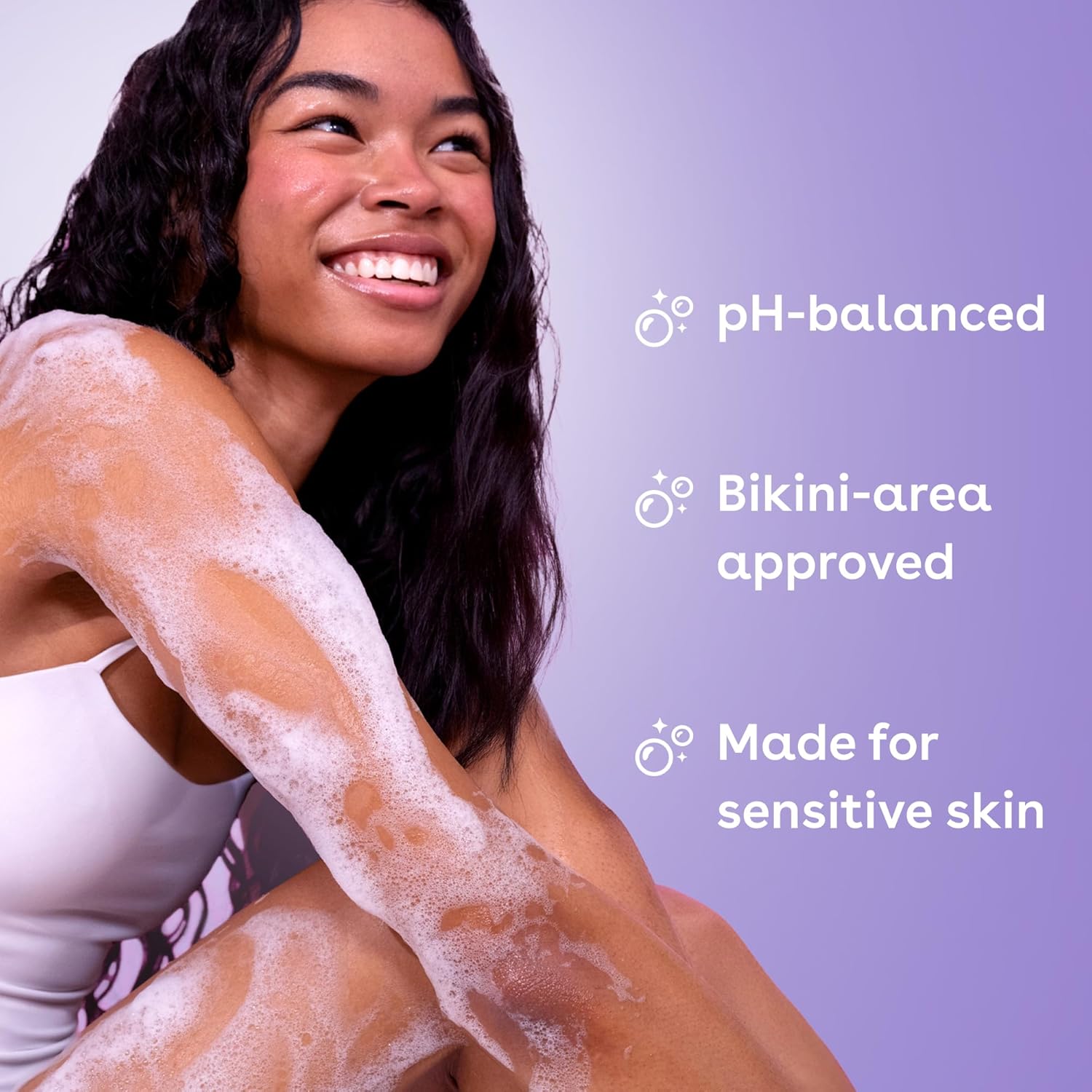 creamy gel foaming formula with glycerin, shea butter, cocoa seed butter, sunflower seed oil, and vitamin e