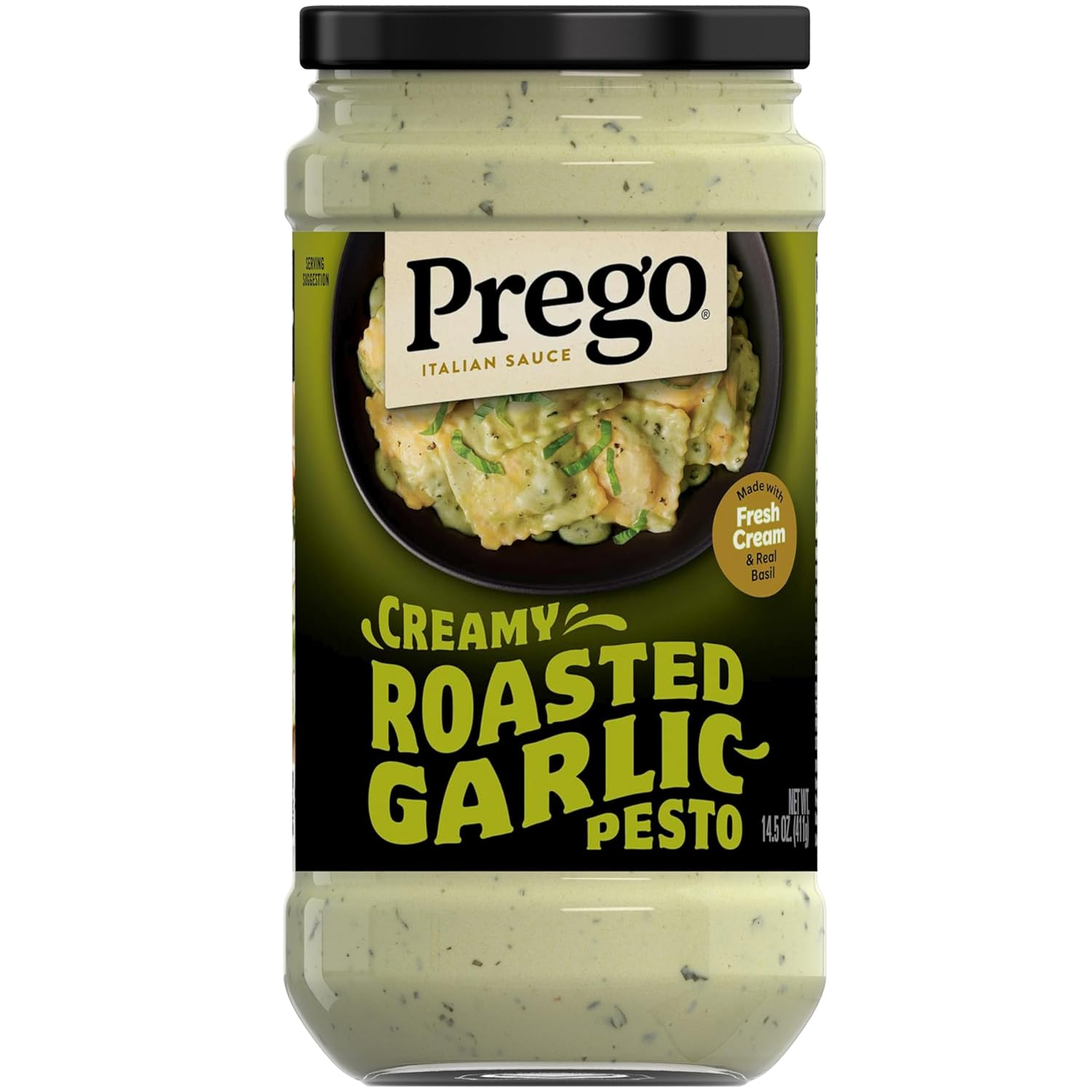 creamy pesto base with roasted garlic flavor profile
