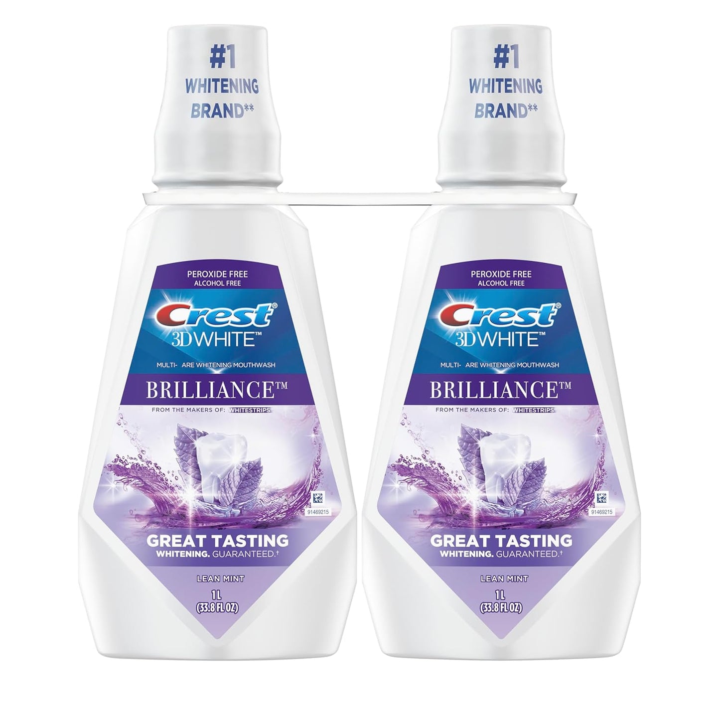 Crest 3D White Brilliance Whitening Mouthwash – Alcohol-Free Clean Mint, 2x1L Family-Safe Twin Pack
