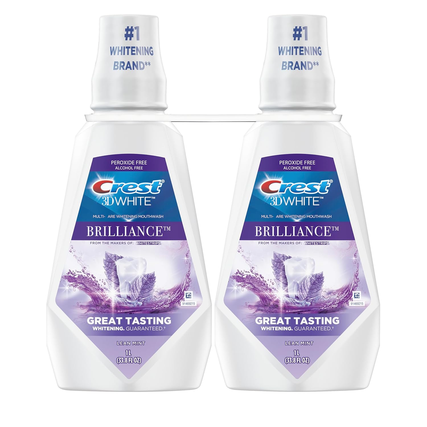Crest 3D White Brilliance Whitening Mouthwash – Alcohol-Free Clean Mint, 2x1L Family-Safe Twin Pack