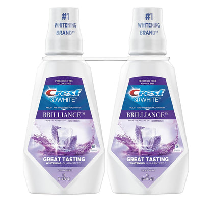 Crest 3D White Brilliance Whitening Mouthwash – Alcohol-Free Clean Mint, 2x1L Family-Safe Twin Pack