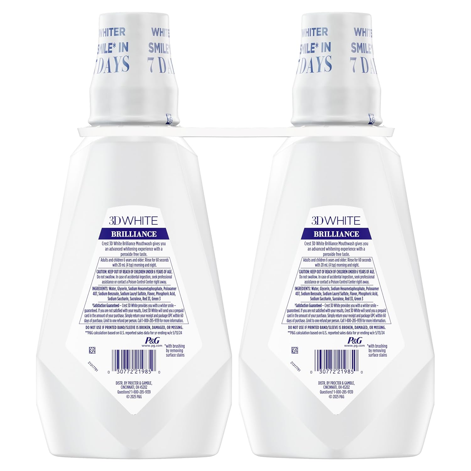 Crest 3D White Brilliance Whitening Mouthwash – Alcohol-Free Clean Mint, 2x1L Family-Safe Twin Pack