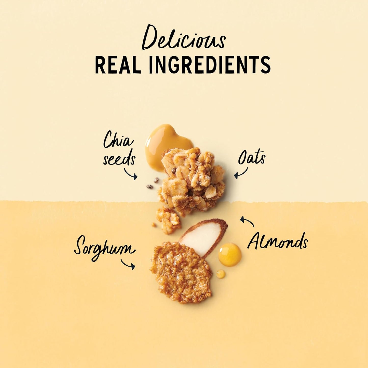 crispy flakes combined with crunchy almond and superfood clusters for texture contrast