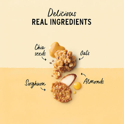 crispy flakes combined with crunchy almond and superfood clusters for texture contrast