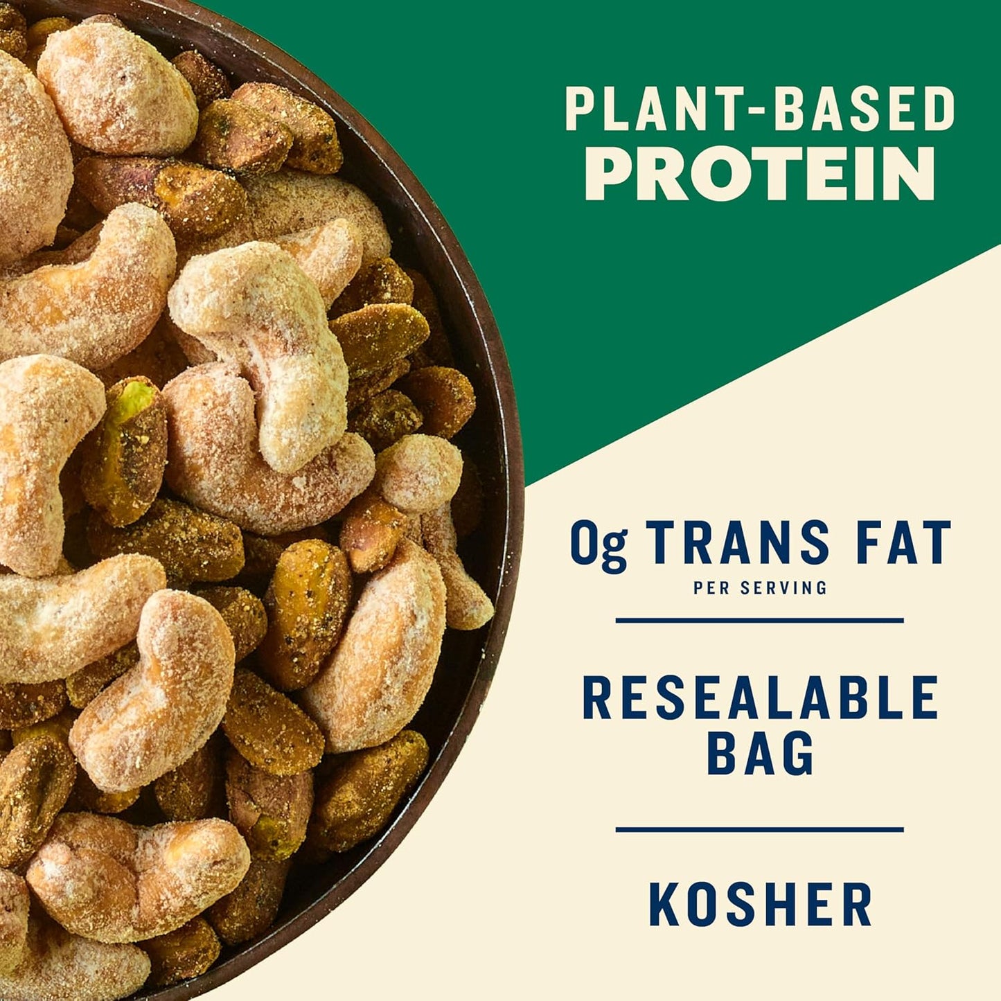 crunchy flavored pistachios paired with creamy flavored cashews, almonds, or hazelnuts depending on variant