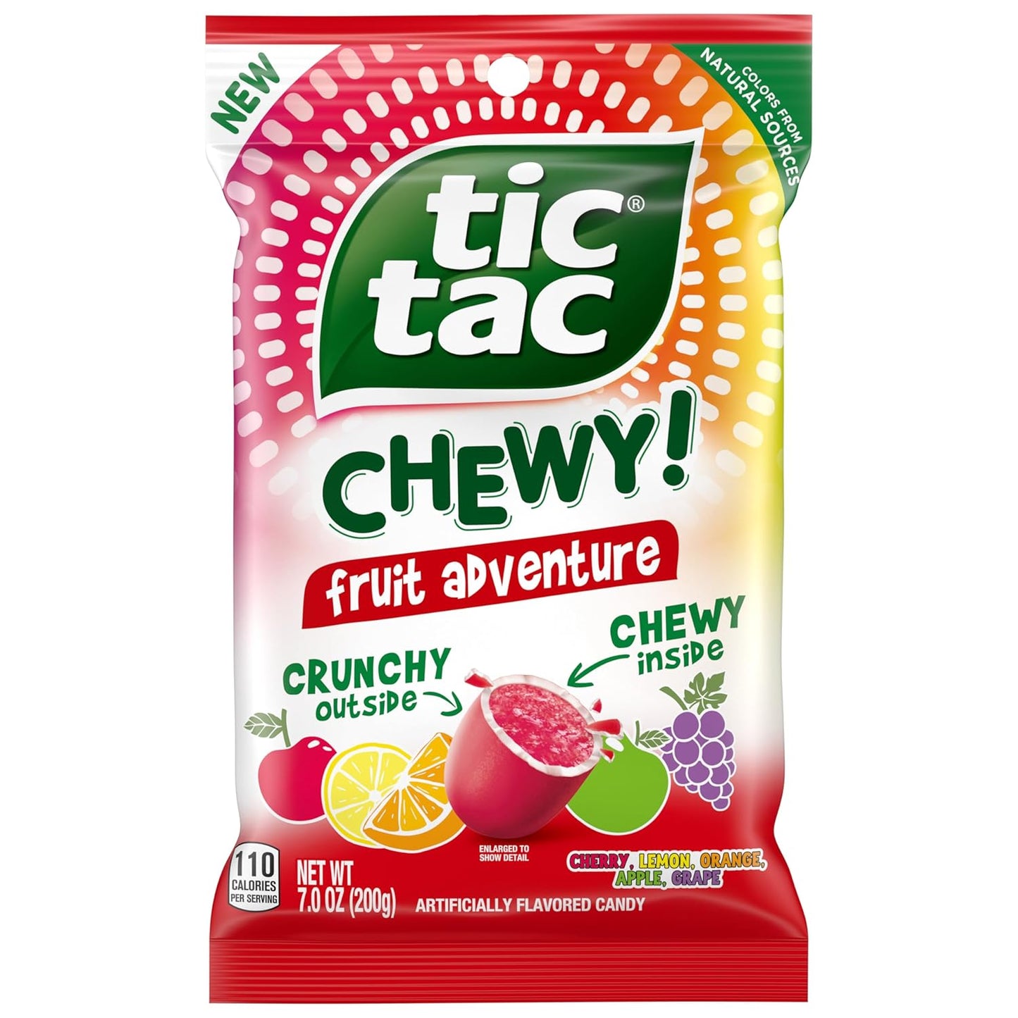 crunchy outer shell surrounding a chewy gummy fruit center in tic tac shape