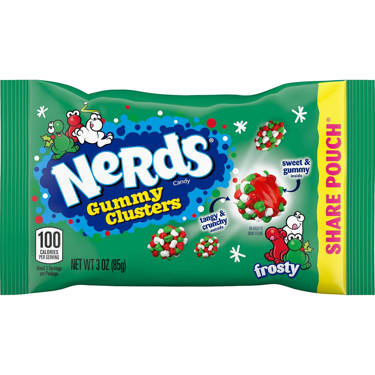 crunchy red, green, and white nerds coating surrounding a gummy center