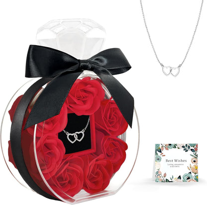 crystal-style acrylic rose box shaped like a perfume bottle with clear lid
