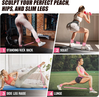 cuff-based design compatible with kickbacks, hip thrusts, leg presses, pilates, and cable-style glute work