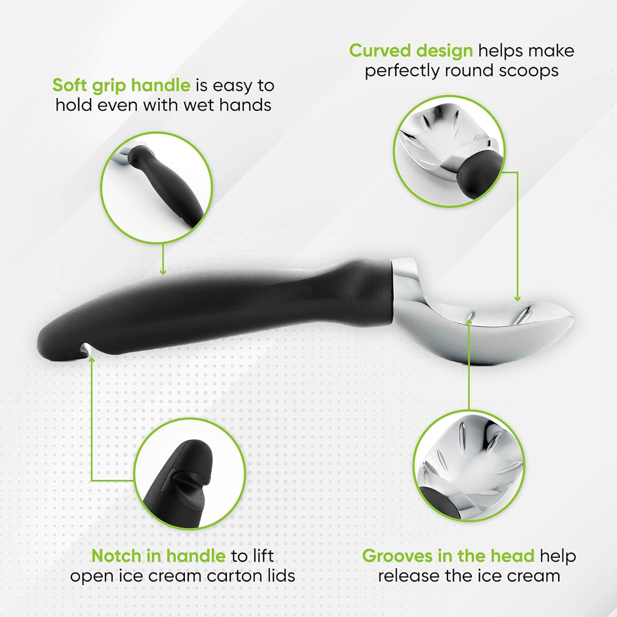 curved scoop-and-spade hybrid blade that curls ice cream into uniform spheres