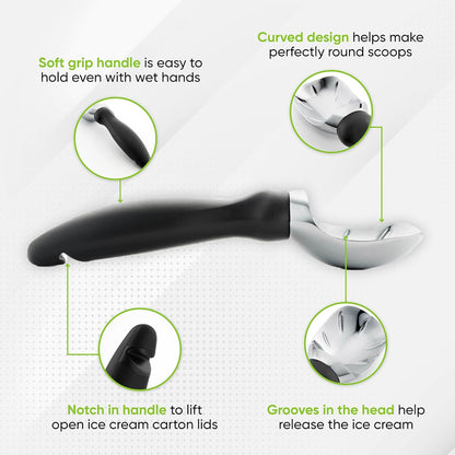 curved scoop-and-spade hybrid blade that curls ice cream into uniform spheres