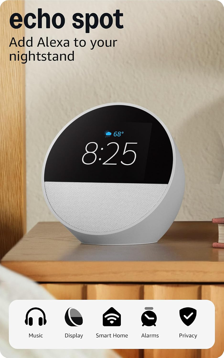 customizable smart clock display with favorite clock faces, fun colors, and glanceable time, weather, and song titles