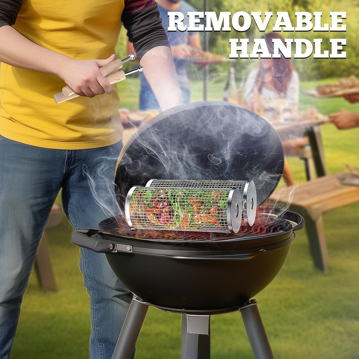 cylindrical rolling basket design for easy flipping of veggies, shrimp, and meat chunks