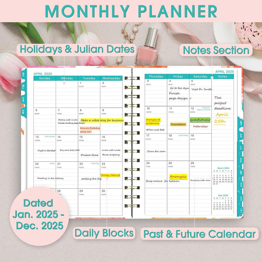 daily, weekly, and monthly planning layouts with ruled blocks for detailed entries