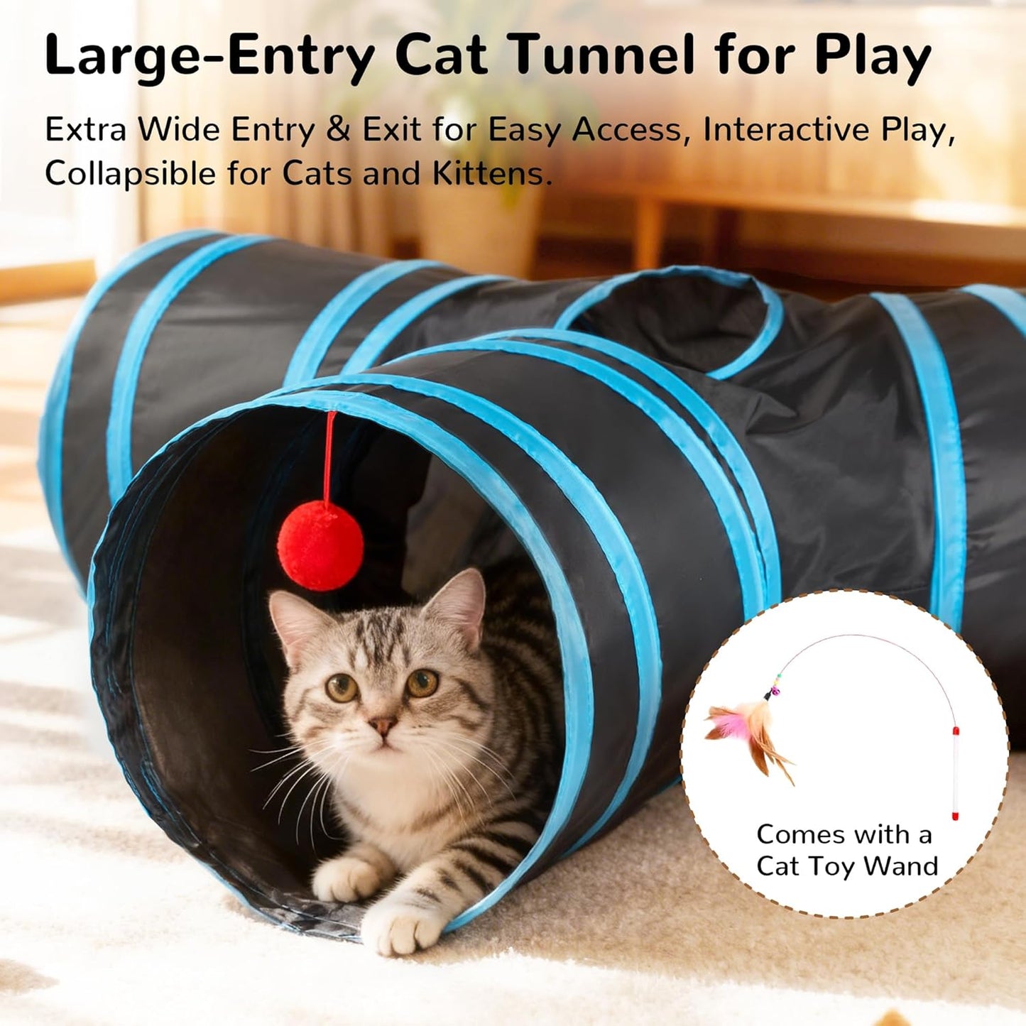 dangling ball toy at tunnel exits to encourage chasing and pouncing
