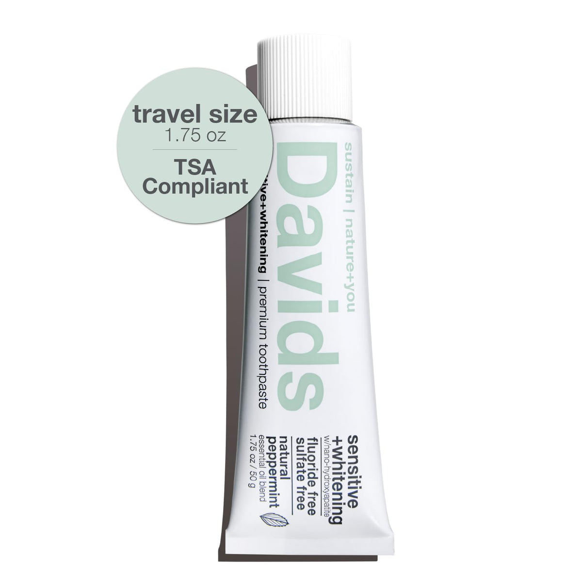 Davids Hydroxi Fluoride Free Nano Hydroxyapatite Toothpaste for Remineralizing, Sensitive Support, Whitening, Antiplaque, SLS Free, Natural Peppermint, Made in USA, 1.75oz (Travel Size)