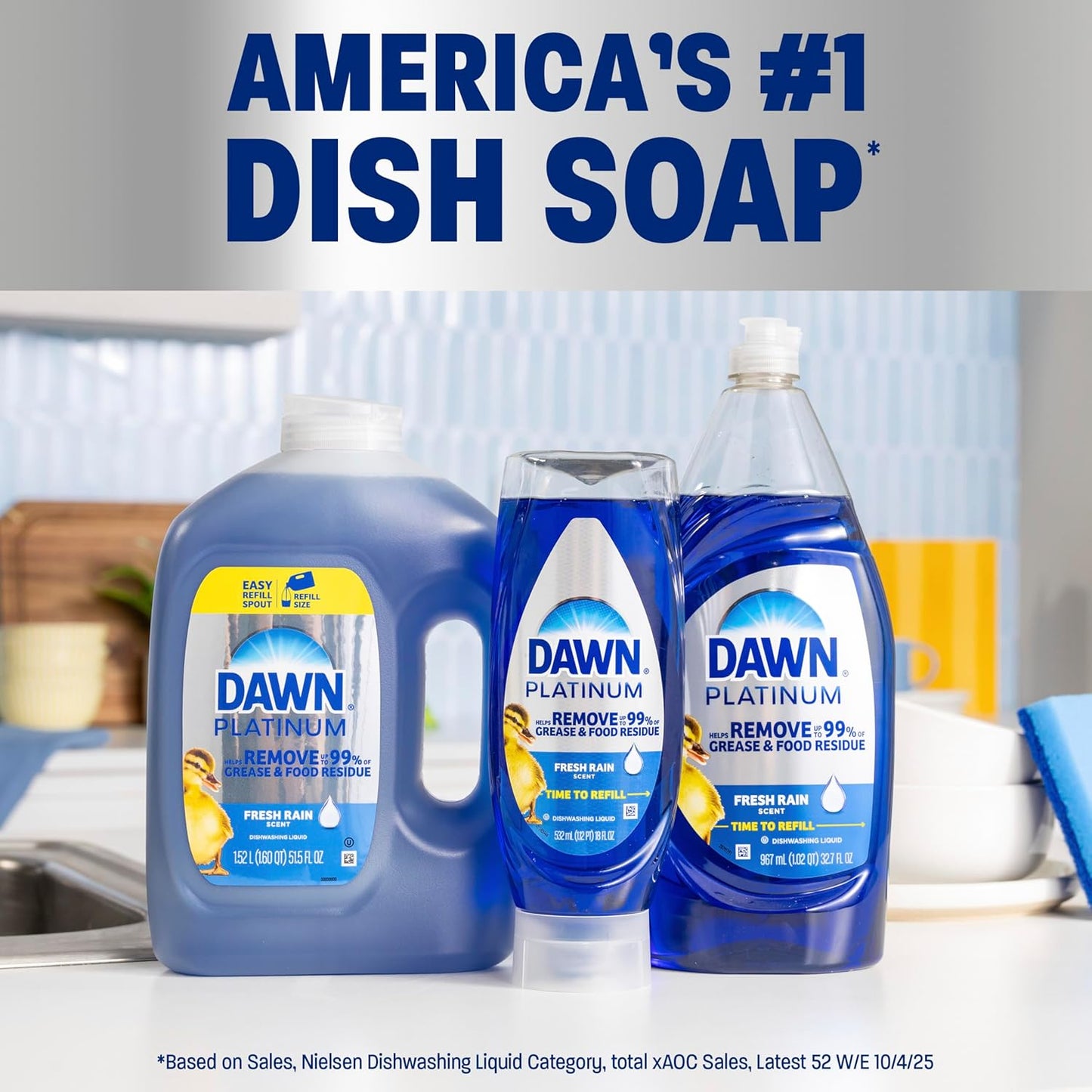 Dawn Platinum Dish Soap Refill Jug for the Mindful Cleanse Routine, Fresh Rain Scent Dish Liquid for a Calming Kitchen Reset