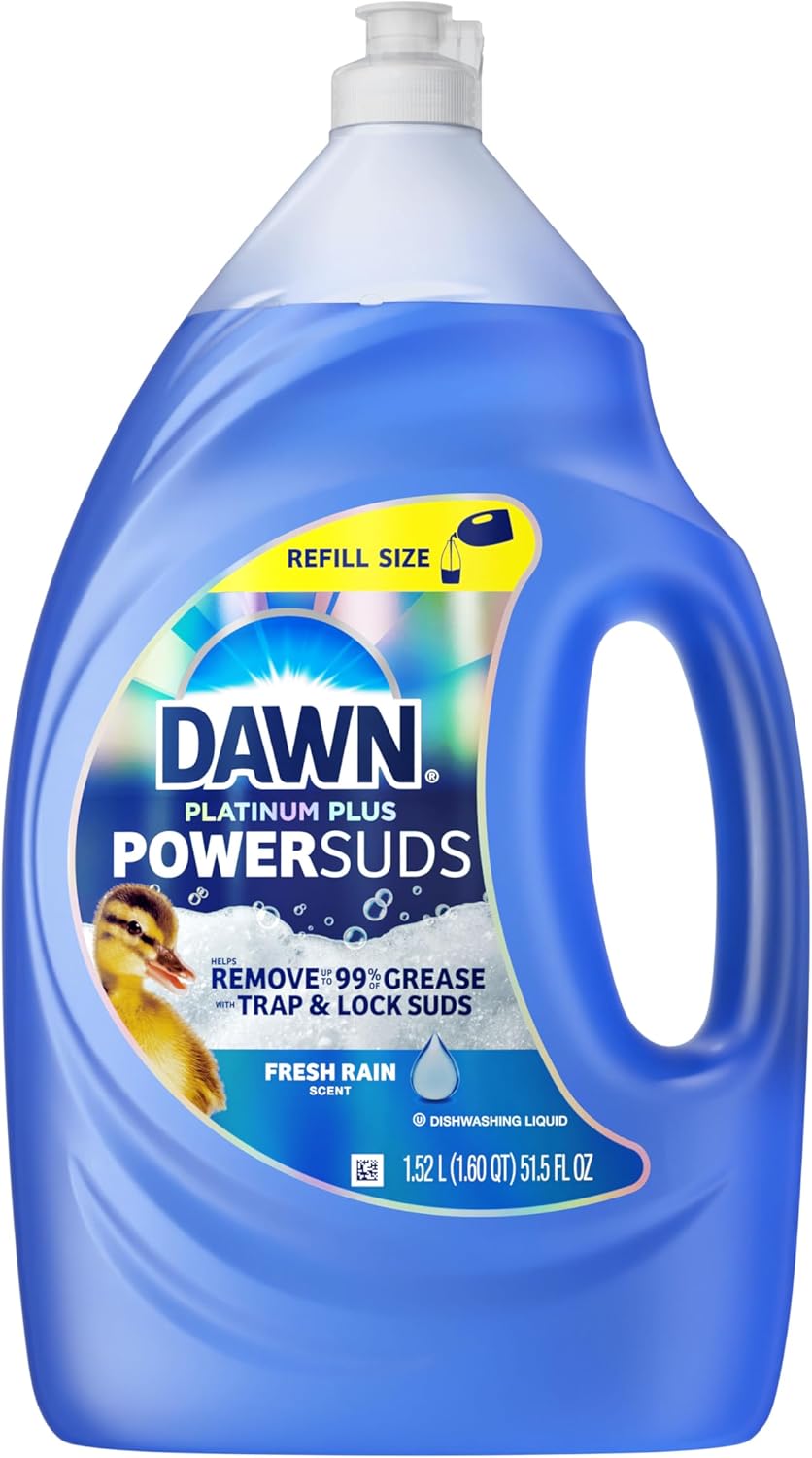 Dawn Platinum Plus PowerSuds 51.5 oz Refill – Fresh Rain Scent Dish Soap for a Calming Cleanup Ritual