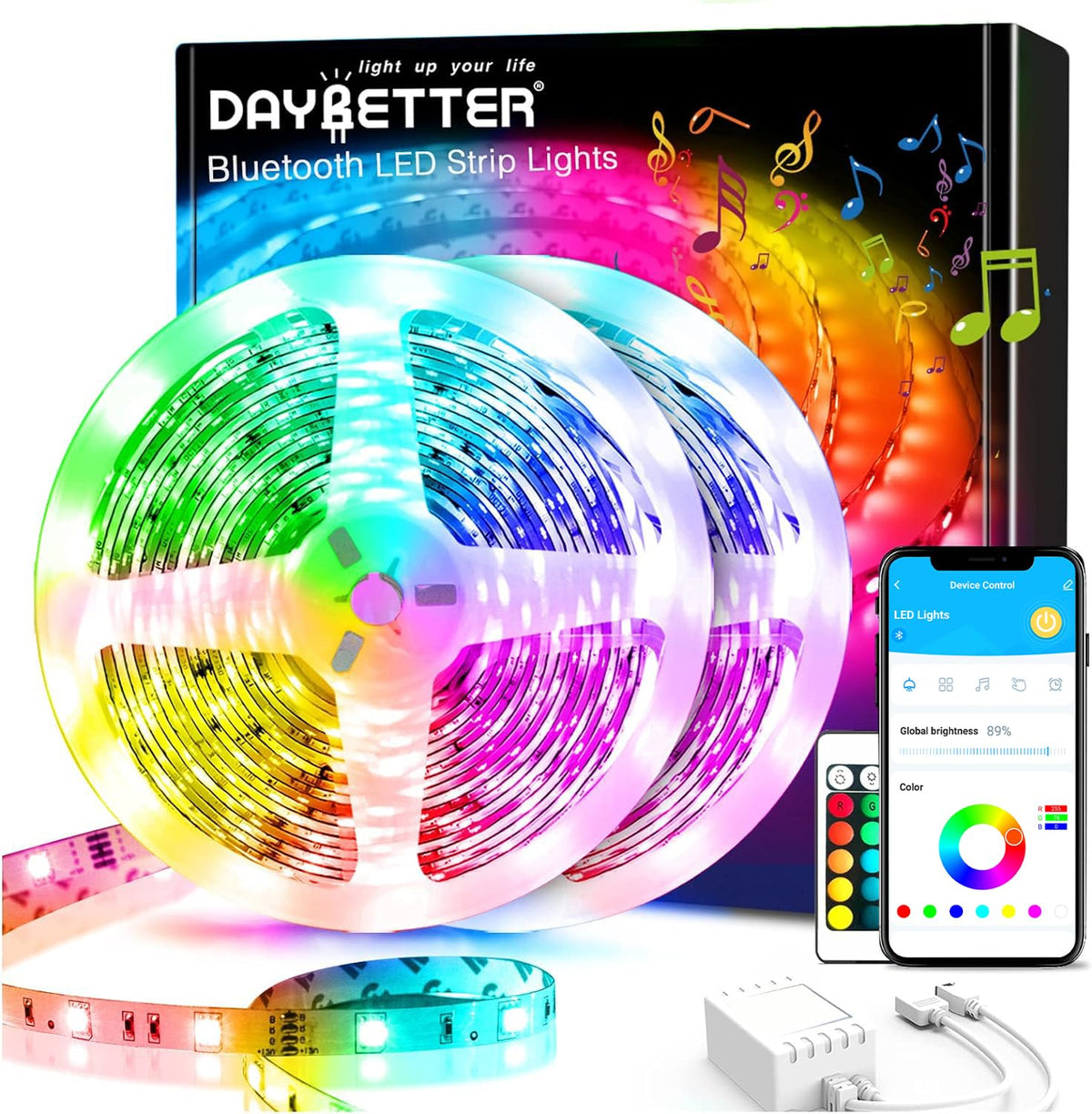 DAYBETTER 65.6Ft Smart Led Lights,2835 RGB Led Strip Lights Kits with Remote, App Control Timer Schedule Led Music Strip Lights(2 Rolls of 32.8ft)