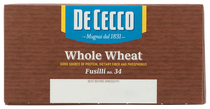 De Cecco Whole Wheat Fusilli – High-Fiber Italian Pasta for Heart-Healthy Family Dinners
