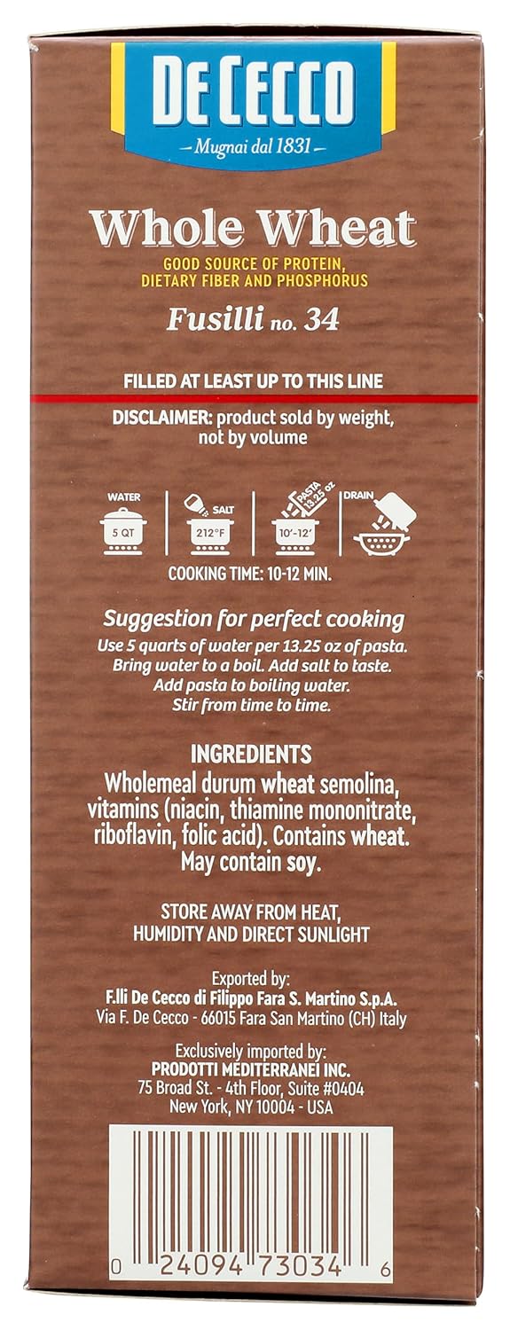 De Cecco Whole Wheat Fusilli – High-Fiber Italian Pasta for Heart-Healthy Family Dinners