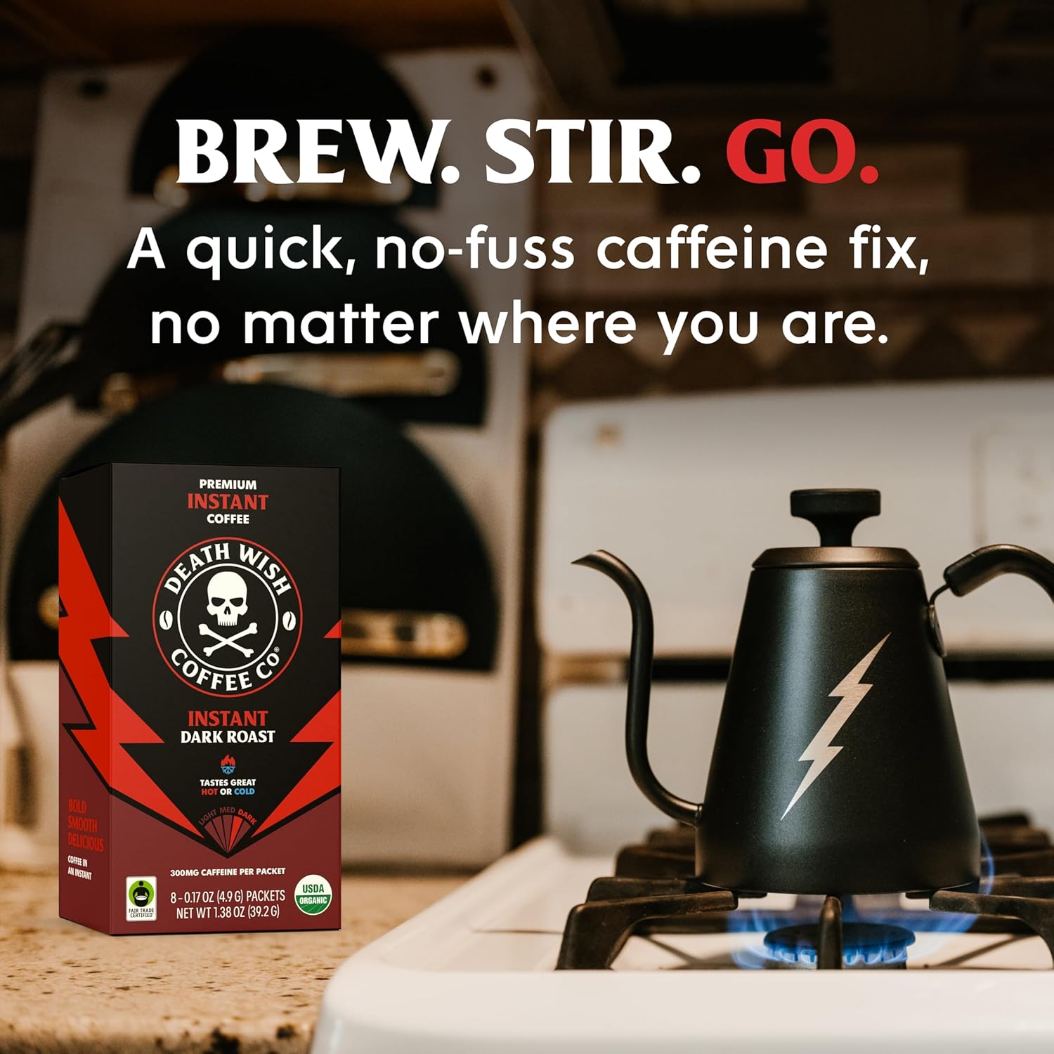 Death Wish Coffee Instant Dark Roast Packets – Clean-Label Morning Coffee, USDA Organic Single-Ingredient Brew for Wellness Routines