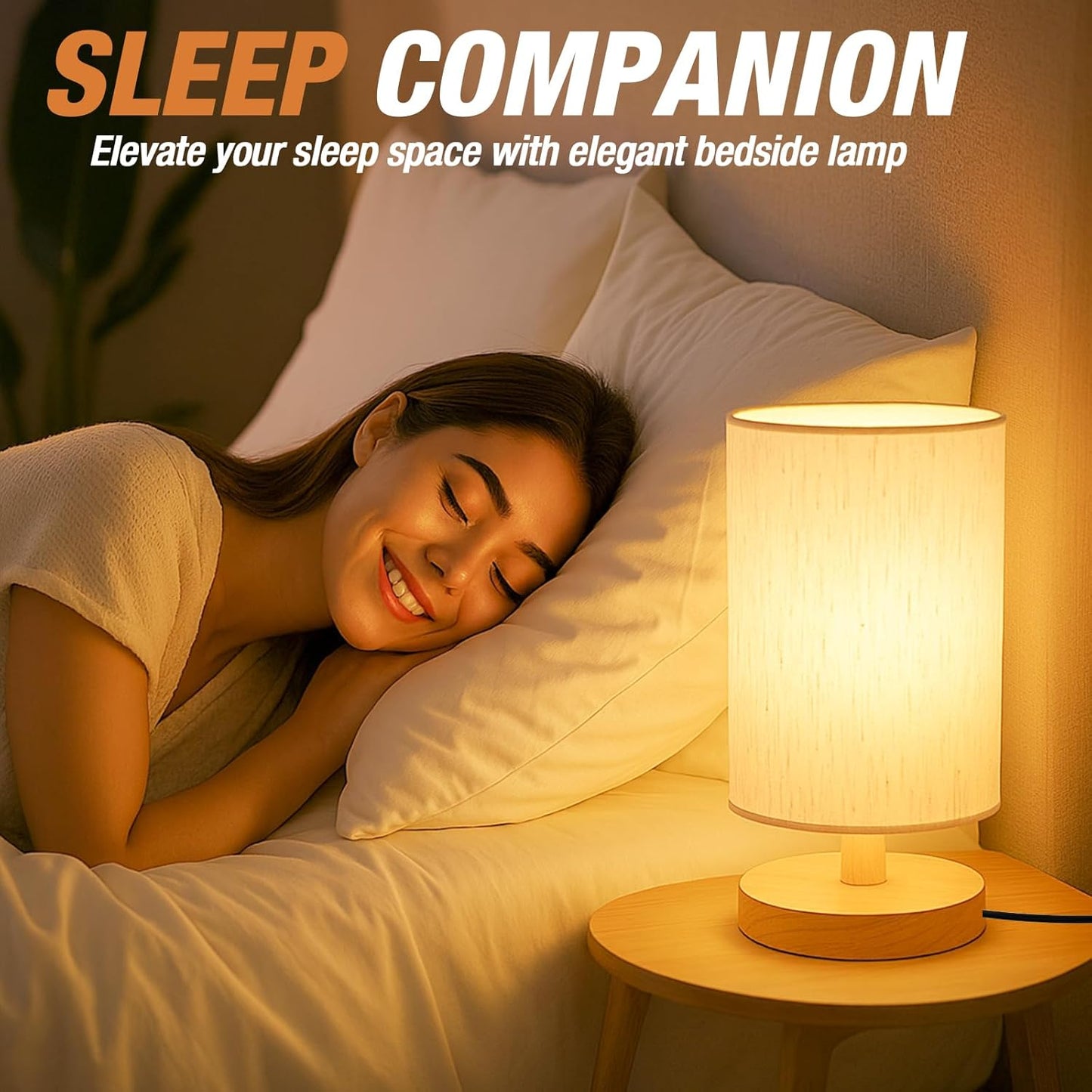 Decorative Table Lamp for Cozy Bedroom and Living Room, Flaxen Linen Shade Wood Base