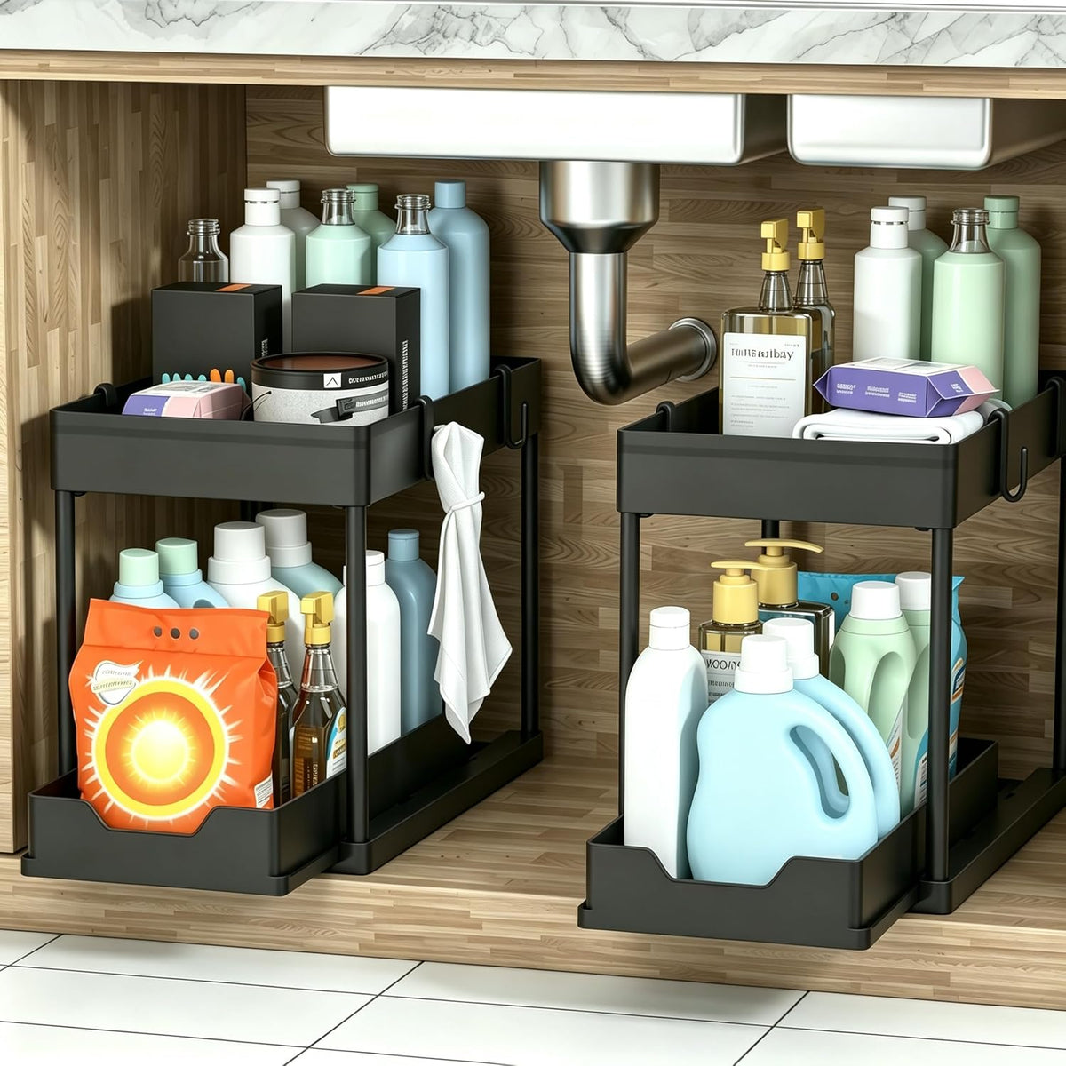 DEKAVA Tool-Free Under Sink Drawer – Simple Cabinet Upgrade, Compact 2 Pack Organizer for Restrained Spaces