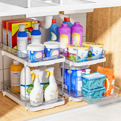 Delamu 2-Tier Stackable Organizer – Streamlined Under-Sink Cabinet System for Cleaning Supplies and Toiletries