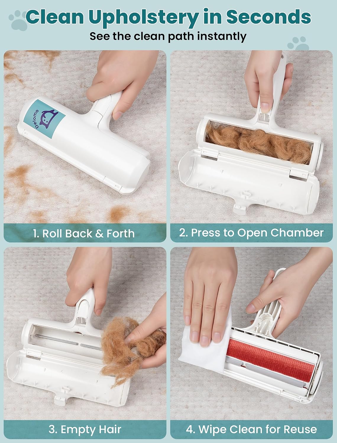 DELOMO Self-Cleaning Pet Hair Roller – Simple Fur Remover for Capsule Living, One-Button Release Lint Roller in White and Soft Tones