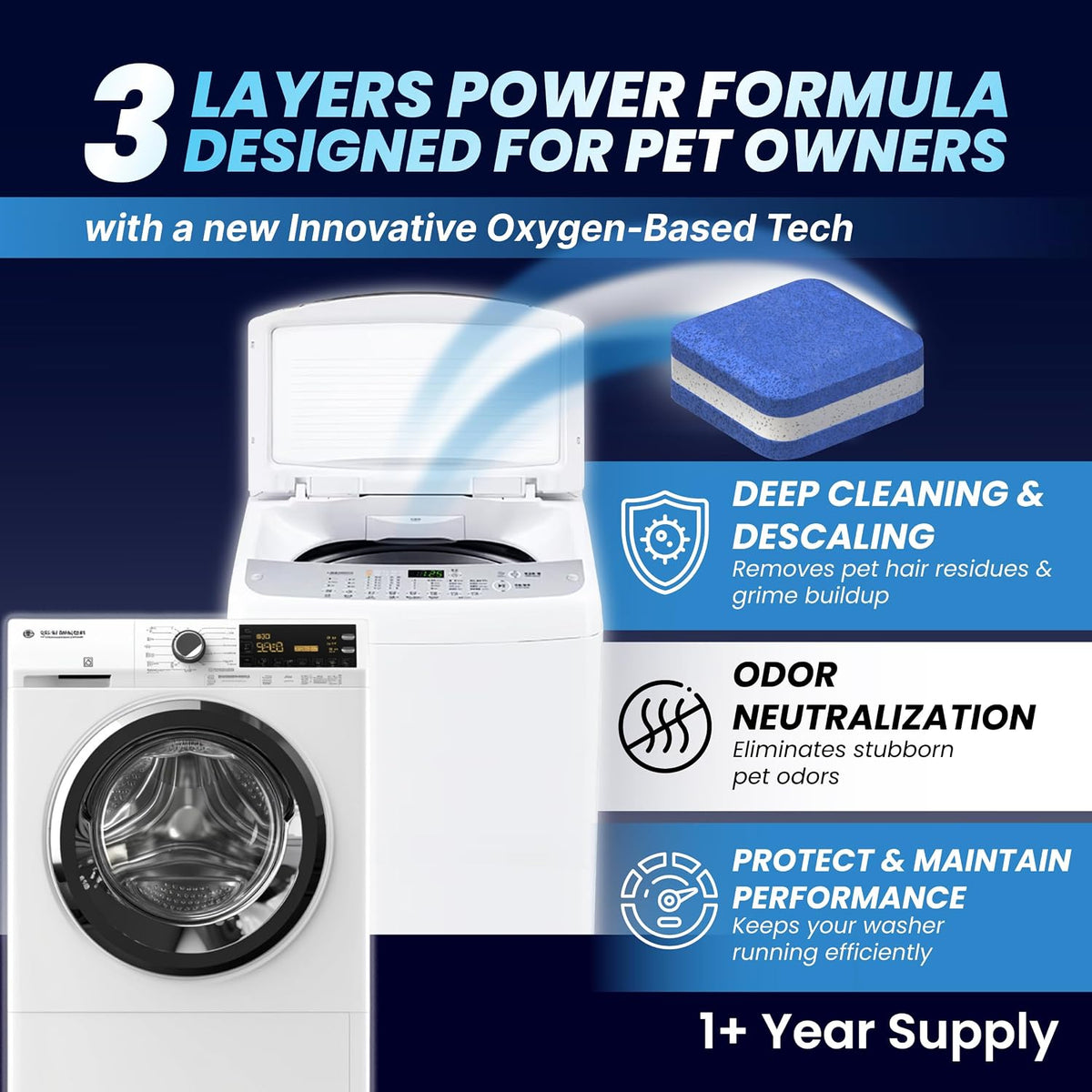 descaling and deodorizing action in a single cycle
