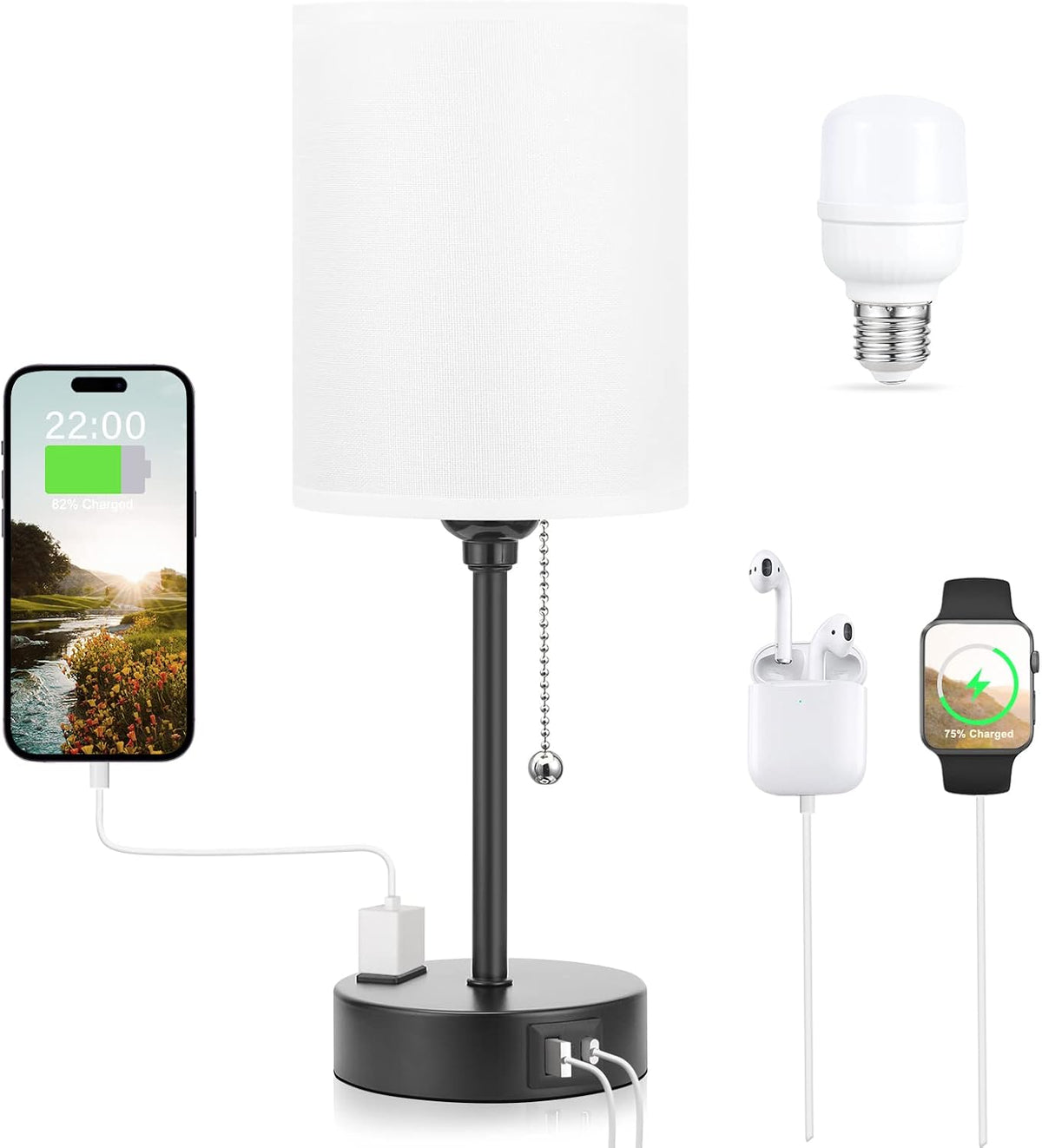 Dicoool Children's Bedroom Table Lamp with USB Charging – Fade-Resistant Finish and Pull-Chain Switch, 14.6-Inch