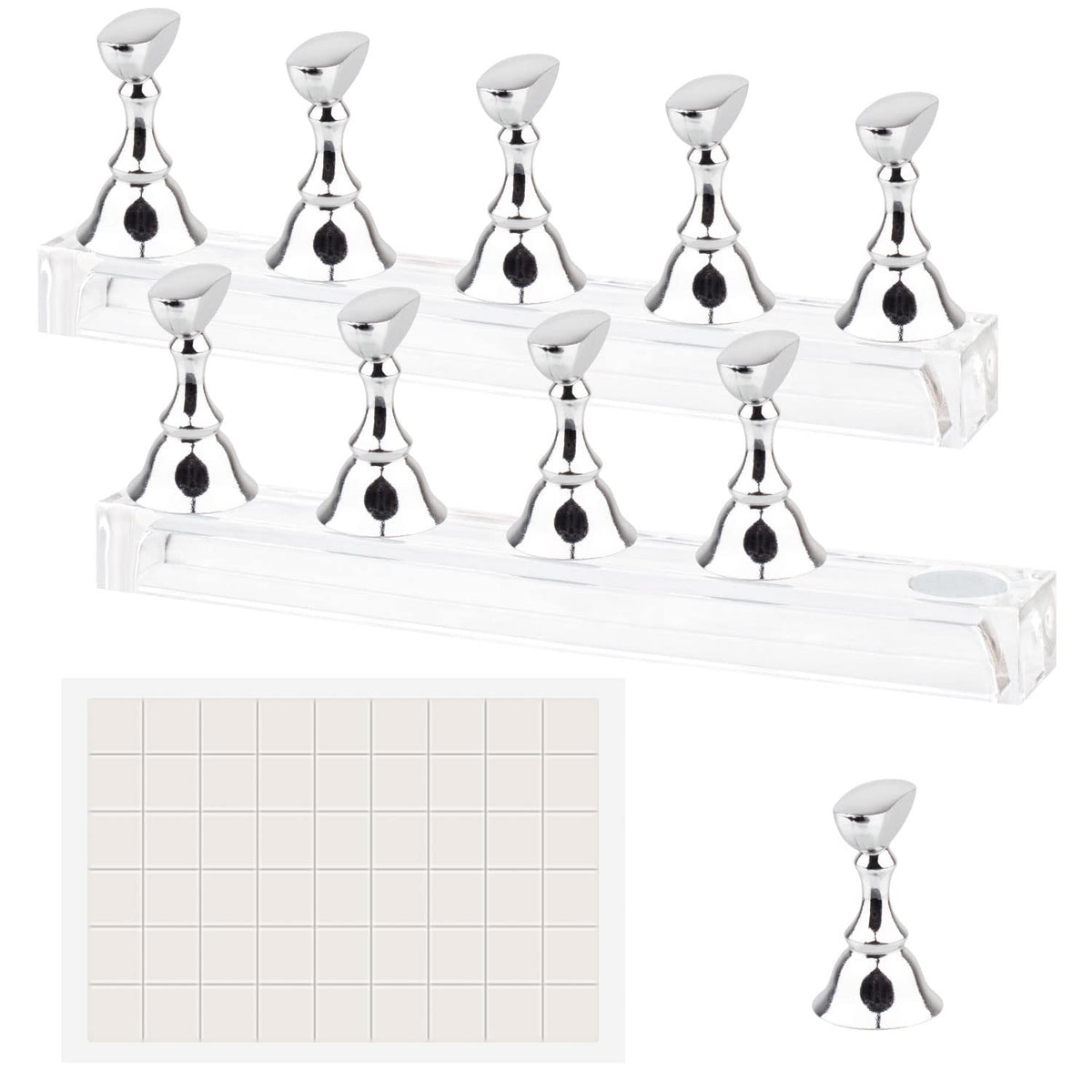 Difenni Nail Stand Acrylic Nail Art Display Stand Magnetic Nail Tips Practice Holder 54 Pcs Reusable Adhesive Putty for DIY Painting Nails Stand kit (silver)