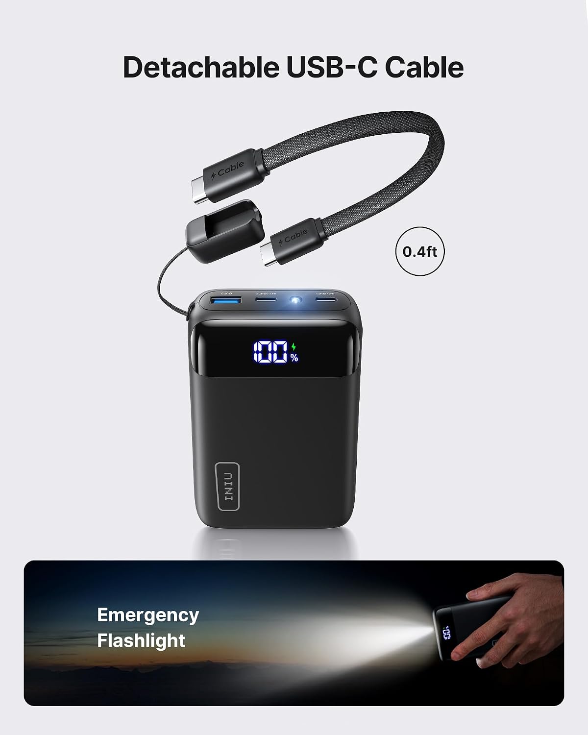 digital display showing remaining battery percentage, with 3-year iniu warranty and safecharge protection circuitry